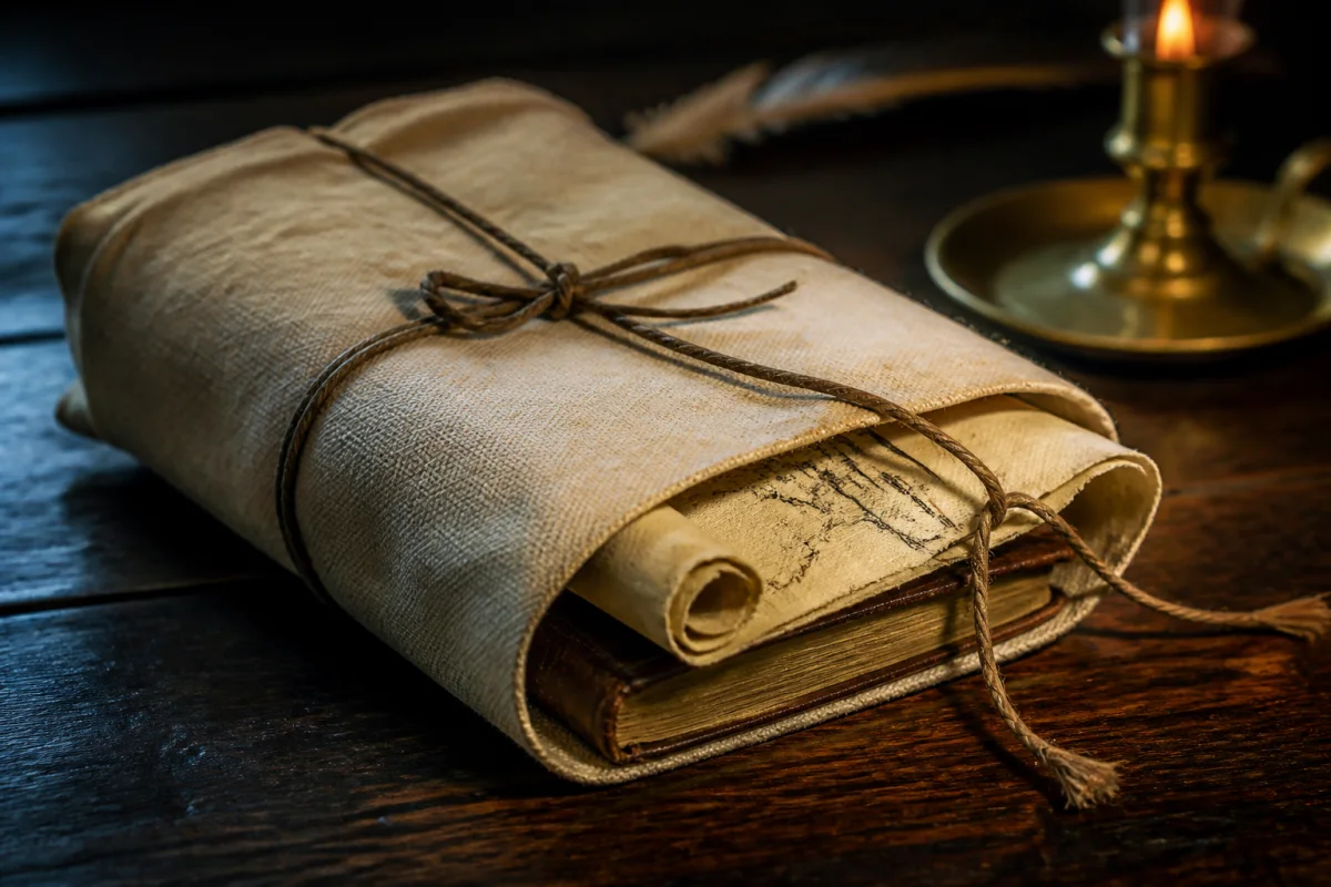 The cord-tied cloth packet containing Flint's map and an account book