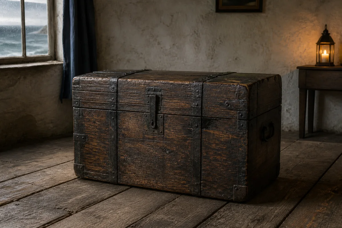 Billy Bones's weathered personal sea chest inside the Admiral Benbow Inn
