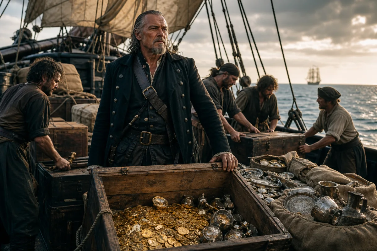 Captain Flint and his crew securing a great fortune aboard their sailing ship