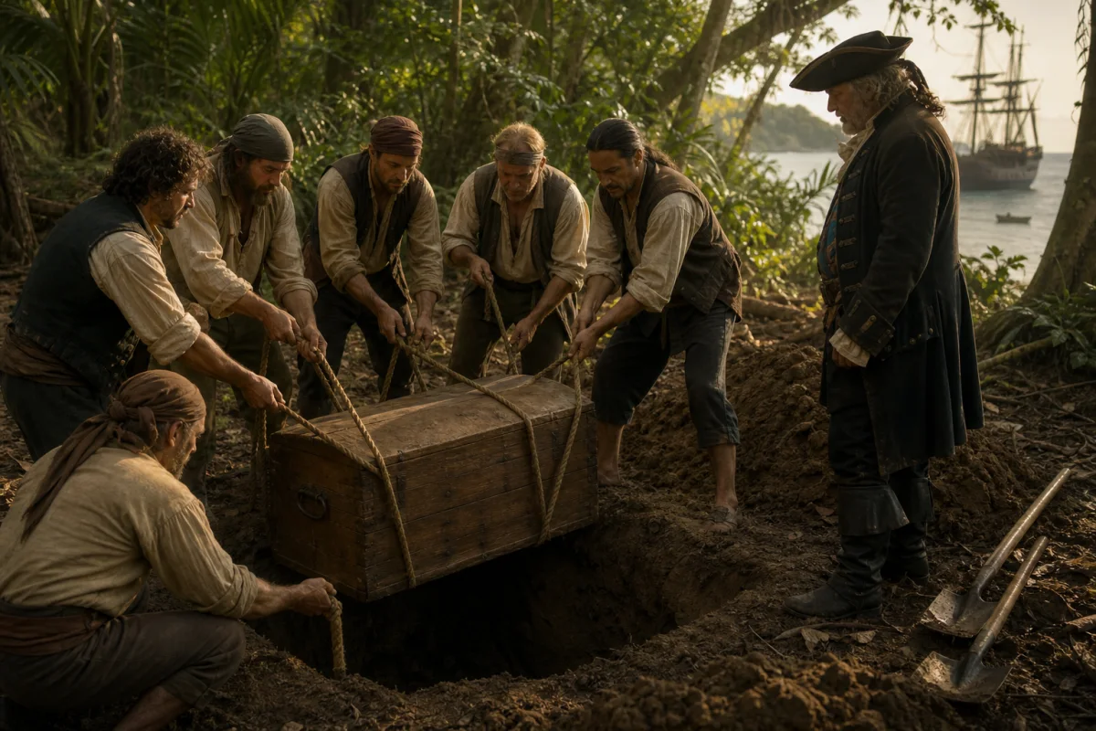 Captain Flint supervises six sailors lowering the treasure into a pit on the island