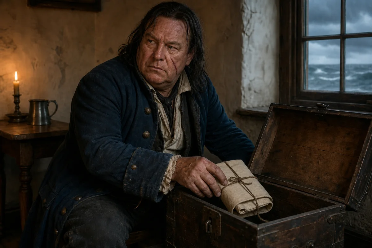 Billy Bones places Flint's cloth-covered papers inside his sea chest