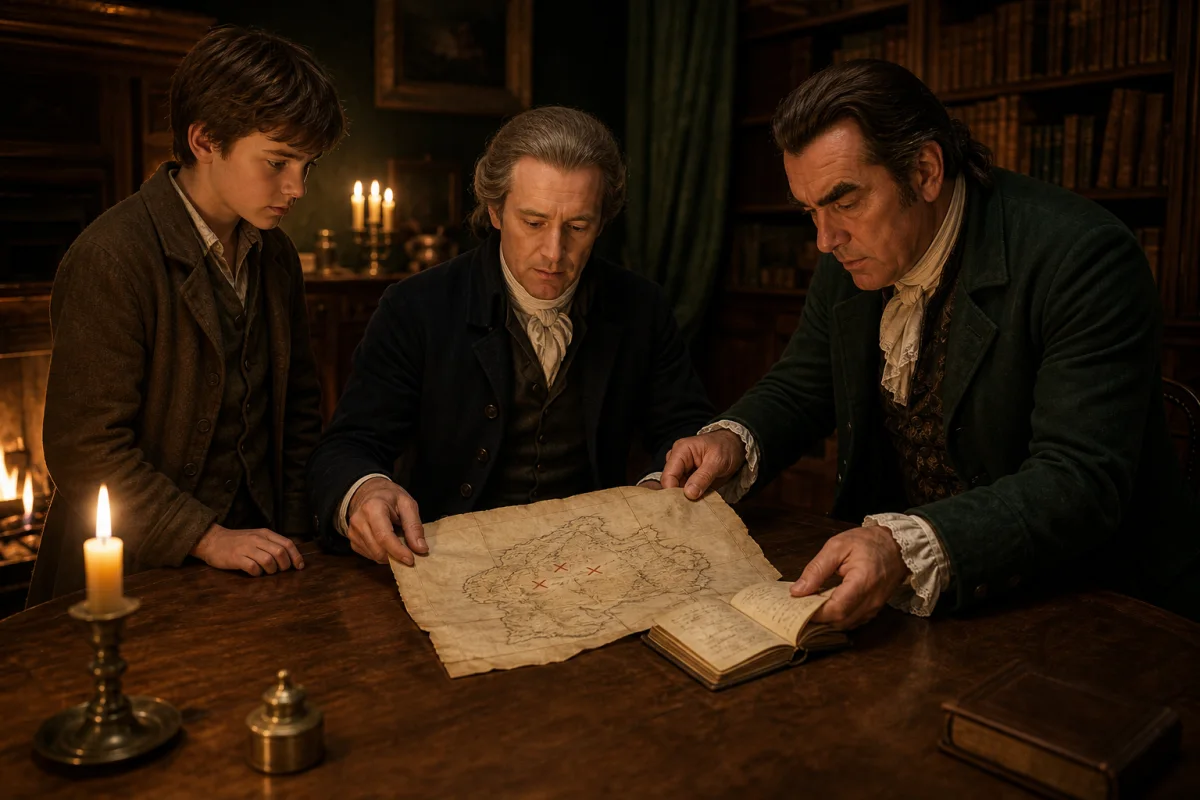 Jim, Dr Livesey and Squire Trelawney examine Flint's map and account book