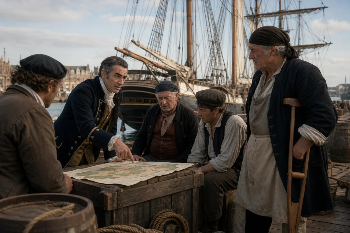 Trelawney openly discusses the treasure voyage with sailors while Silver listens at Bristol docks