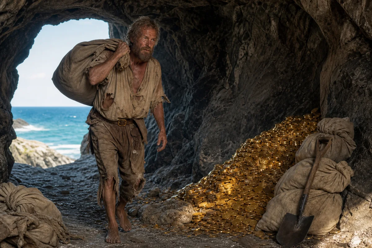 Ben Gunn carries another sack to Flint's treasure inside his secret coastal cave
